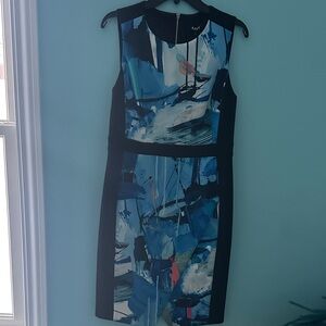 DKNY Abstract Blue and Black Midi Dress